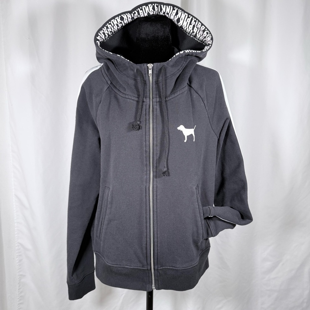 Victoria's Secret PINK Black Full-Zip Hoodie with White Logo Trim